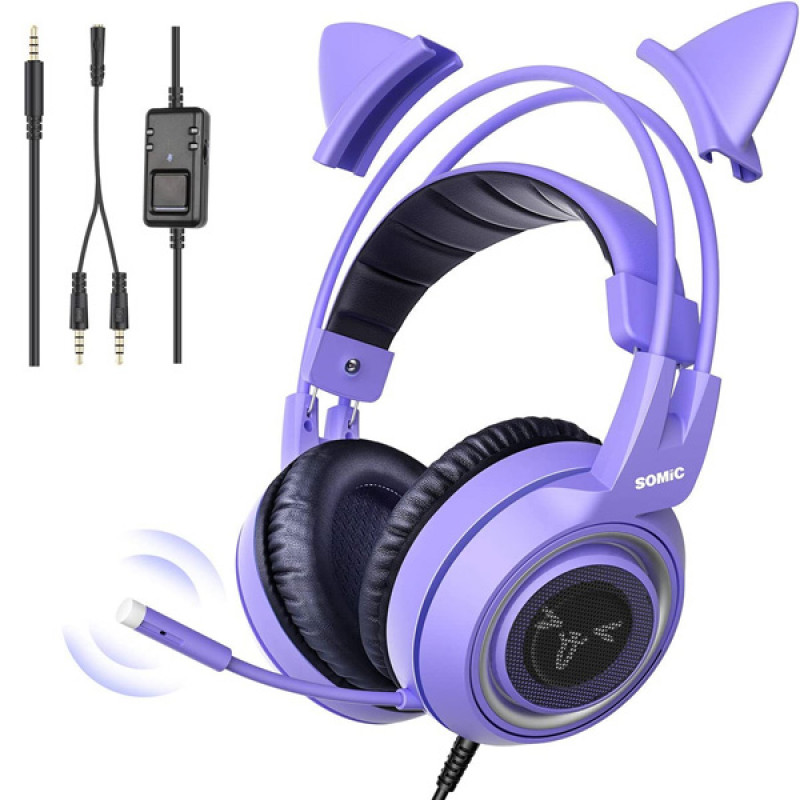 SOMIC Purple Stereo Gaming Headset with Mic for PS4, PS5, Xbox One, PC, Phone, Detachable Cat Ear 3.5MM Noise Reduction Headphones Computer gaming