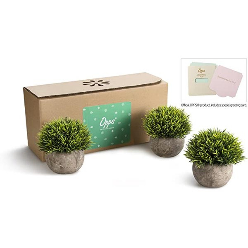 Opps Mini Artificial Plants Plastic Fake Green Grass Topiary Shrubs with Gray Pot for Home Décor