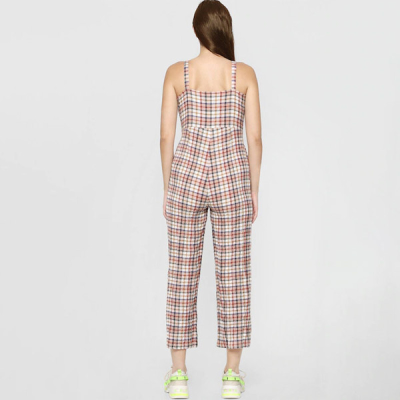 Women Beige & White Checked Basic Jumpsuit